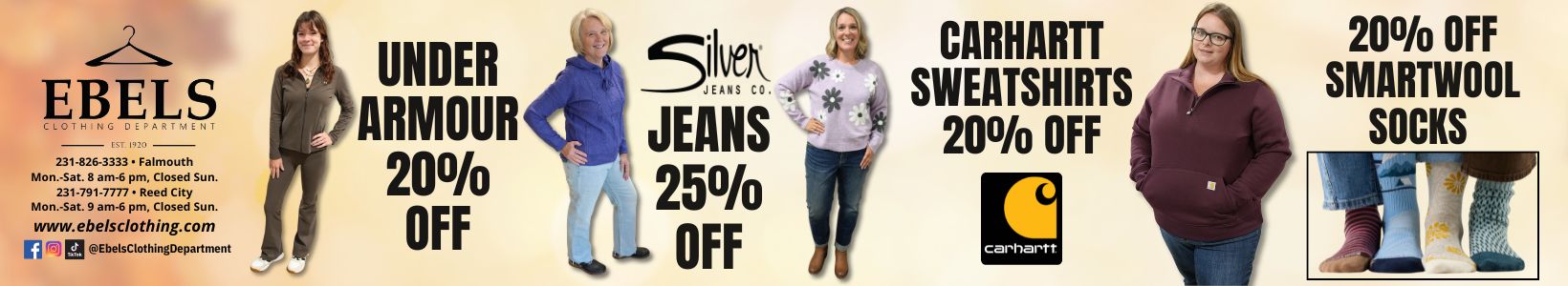 clothing, carhartt, ebels clothing, falmouth, reed city, ebels, botique clothes, columbia, coats, shoes